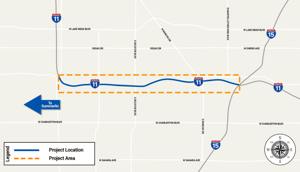 Map of Las Vegas with highlighted roadway between Summerlin Parkway and the U.S.95/I-15 Interchange.