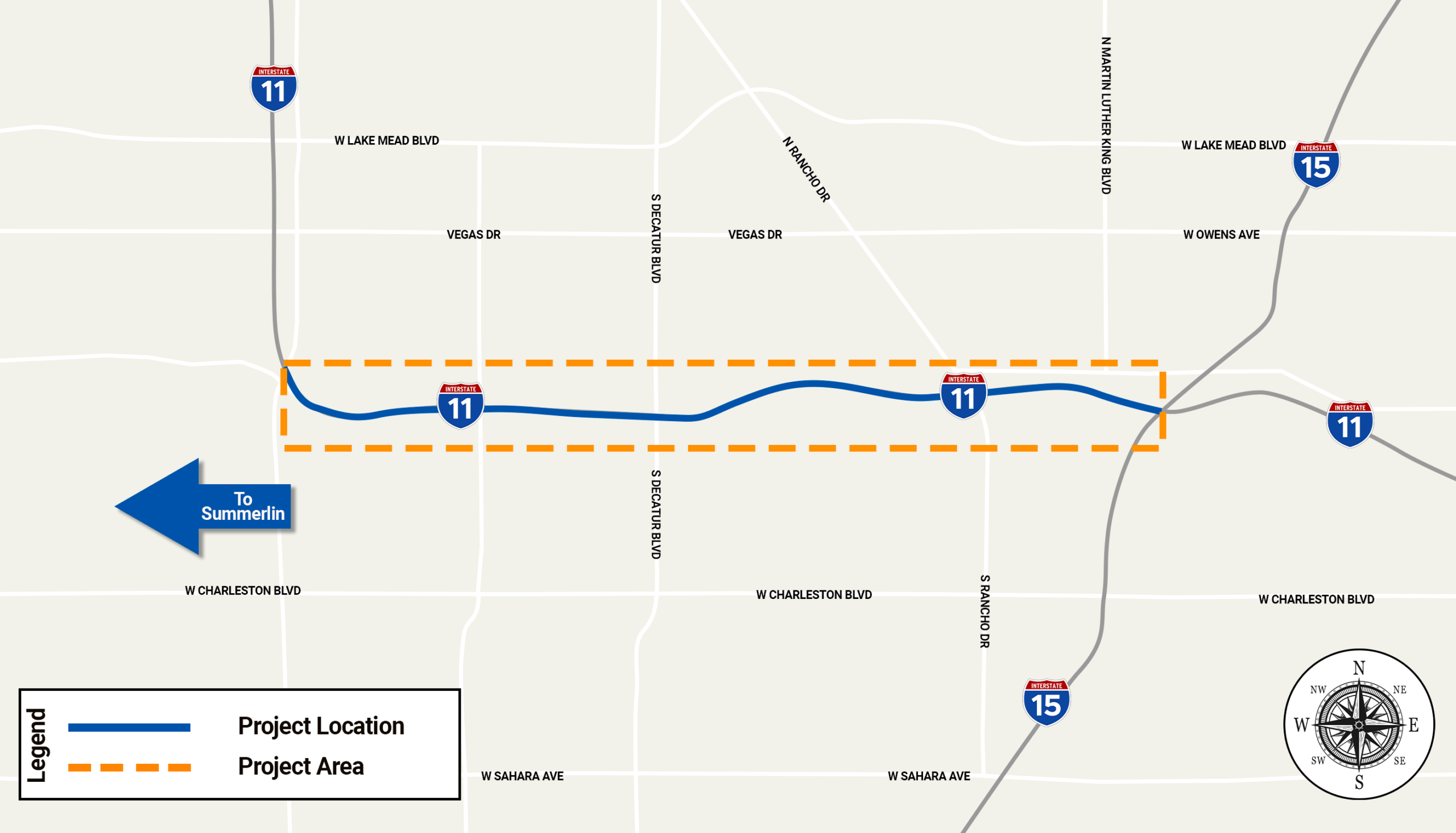 Map of Las Vegas with highlighted roadway between Summerlin Parkway and the U.S.95/I-15 Interchange.